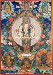 千手观音三怙主三世佛平安财富供养图（彩唐）